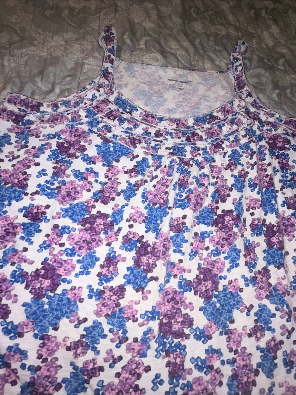 Woman Within Floral Sleeveless Tank in Purple and Blue Print